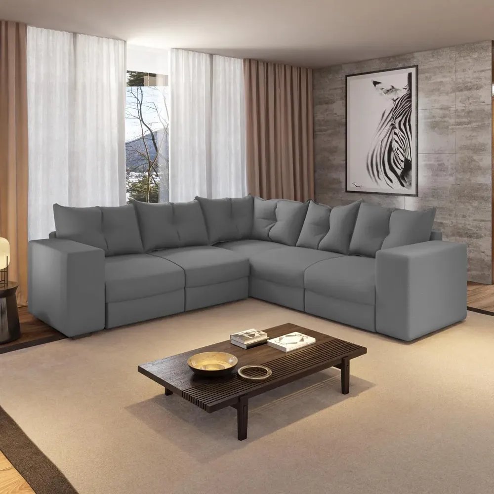 Sofa De Canto 5 Lugares Suede Qatar Estofados - Cinza Cinza Capitonê