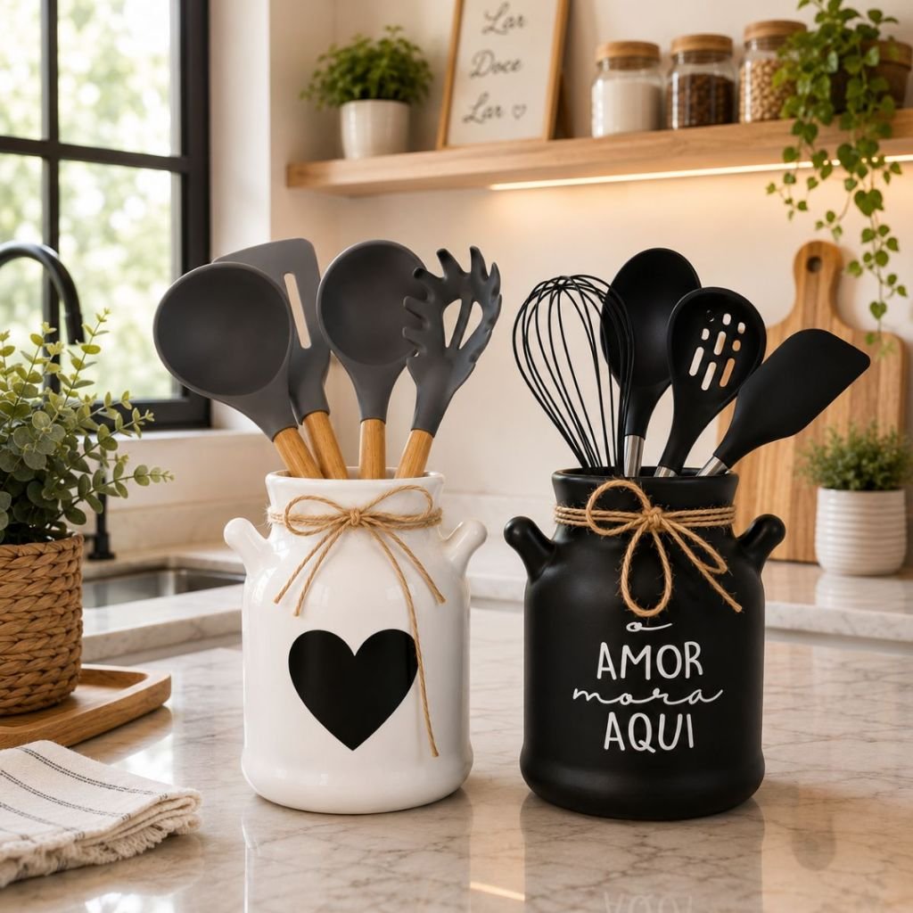 Kit 2 Leiteira Cerâmica Porta Talher Fios de Rami Decoração Casa Cozinha