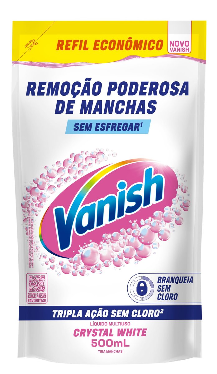 Tira Manchas Líquido Vanish White refil 500ml para Roupas Brancas. Sem Cloro, remove manchas sem danificar os tecidos e deixa o branco até 5 tons mais branco. Confie em Vanish.