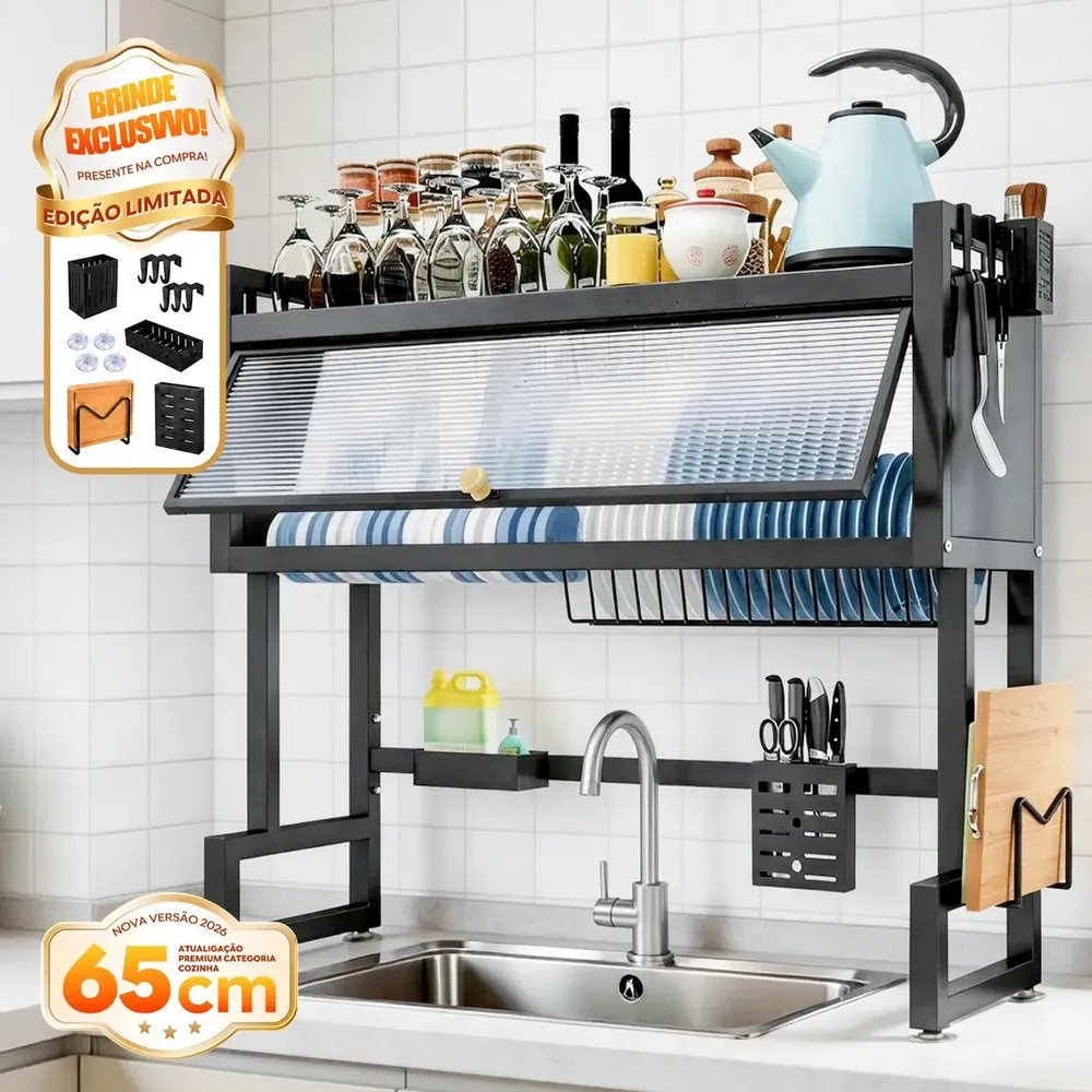 Escorredor de Louça para Pia NEXMIDIO 65 cm com 2 Andares, Porta-Talheres e Porta-Copos em Ferro Preto