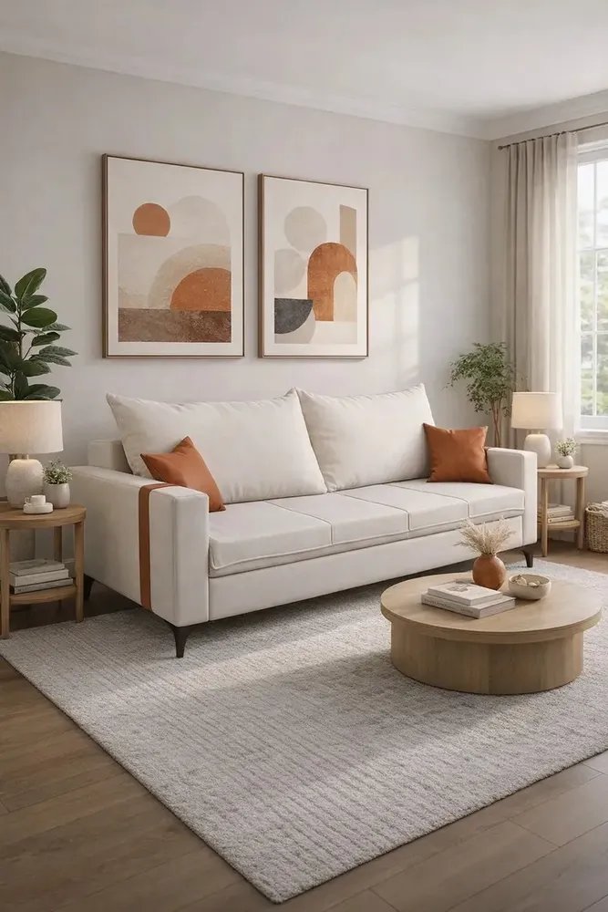 Sofá Premium Apartamento 180cm de Linho Bege com Detalhe em Corino Caramelo