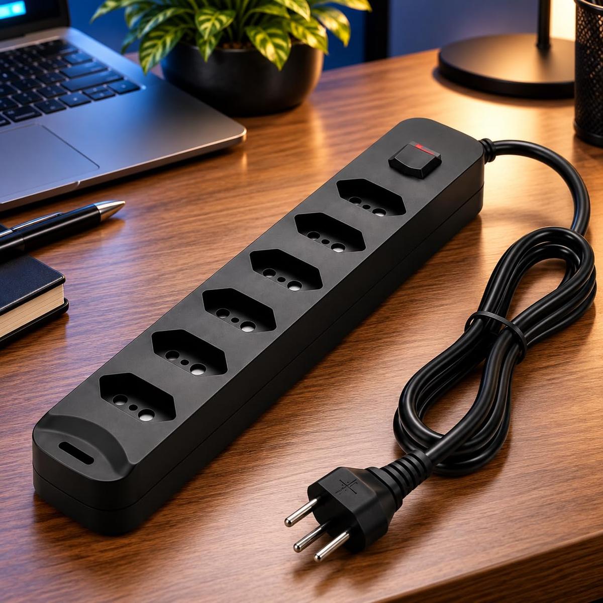 Filtro de Linha 6 Tomadas com Interruptor Liga e Desliga, Régua Extensão Elétrica Preta com Cabo, Adaptador Multiplicador de Tomadas para Casa, Escritório, TV, Computador e Eletrônicos