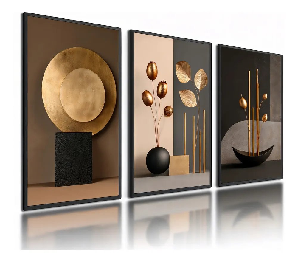 Kit 3 Quadros Decorativos Abstratos Dourado Moderno Preto
