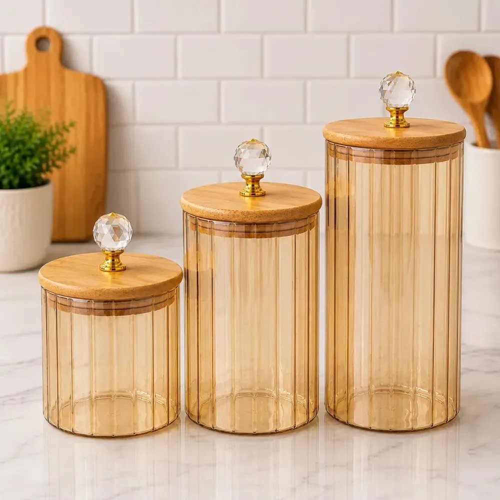 Kit 3 Potes Mantimentos De Vidro Hermético Tampa De Bambu Kit Canelado Âmbar Cristal Pmg