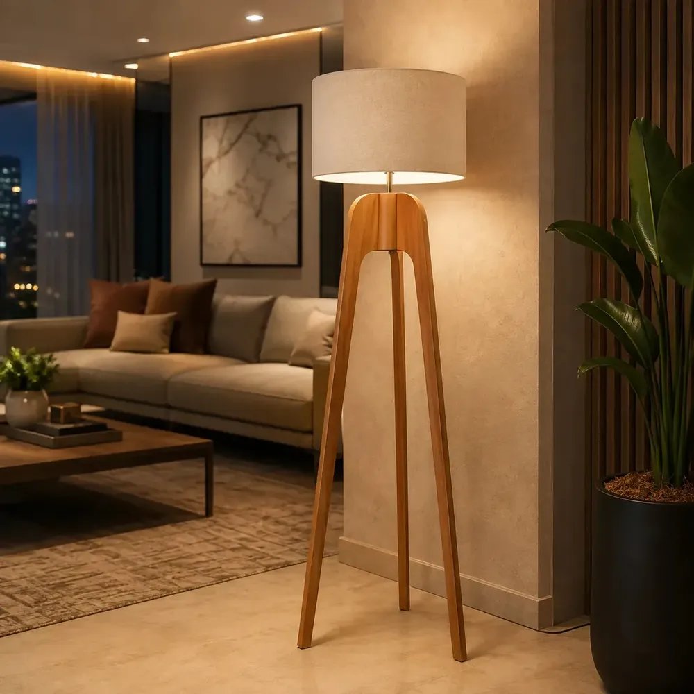 Luminária De Chão Paris 160 cm Pés De Madeira Luxo Decorativa Cúpula Palha Creme Unidecor