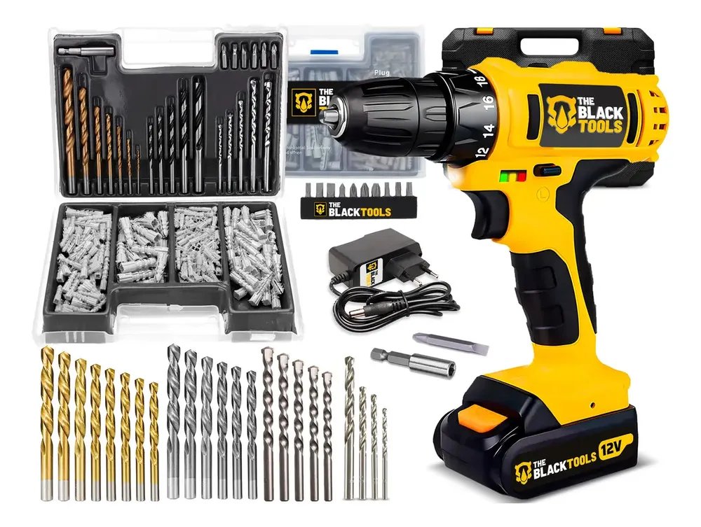 Parafusadeira Furadeira A Bateria 3/8” 10mm 1350rpm Bivolt The Black Tools + Jogo De Brocas Bits E Buchas 300 Peças
