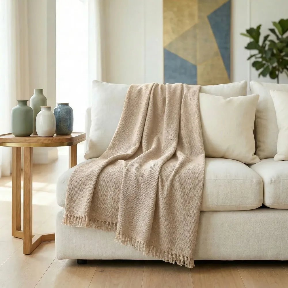 Manta Para Sofá  300 X 180 Super Grande Decorativa Luxuosa Areia Liso