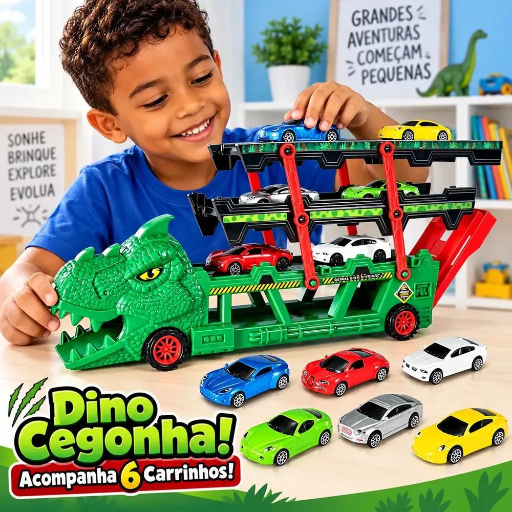 Caminhão Cegonha Lançador Dino Truck Super Pista Dinossauro Carrinhos com 6 Carrinhos Completo Lança e Engole Carros