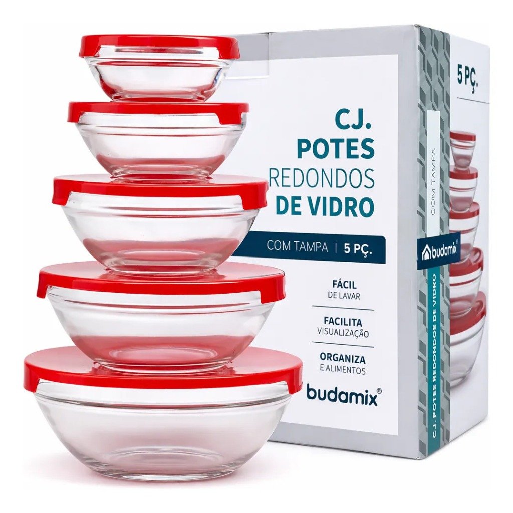 Kit 5 Potes de Vidro Redondos Translúcidos – Armazenamento Essencial para Mantimentos e Marmitas