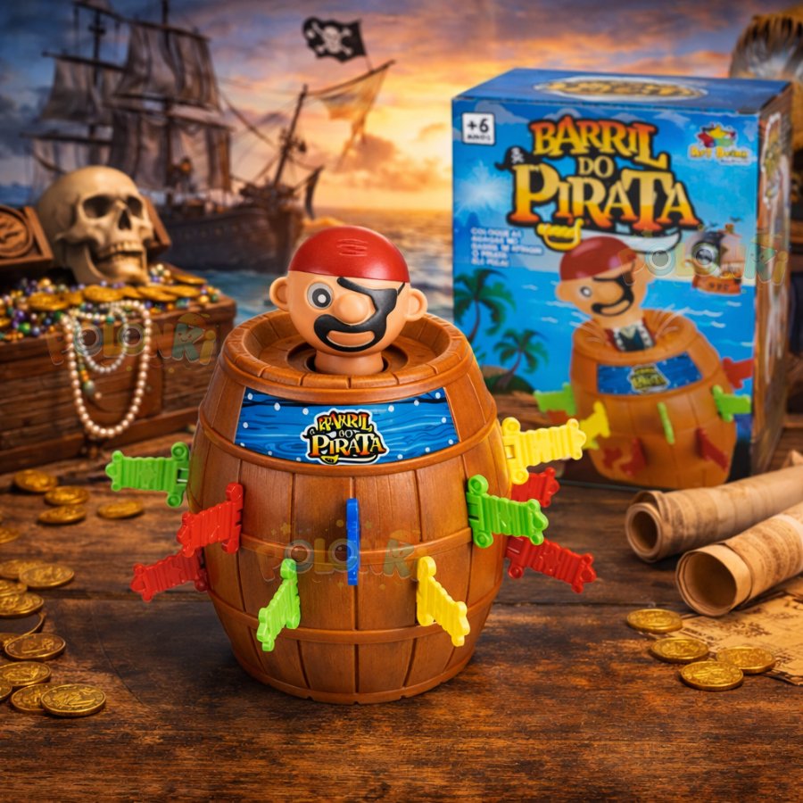 Jogo Pula Pirata Barril Grande Com 10x16cm e 16 Espadas Brinquedo Infantil Educativo Interativo Divertido