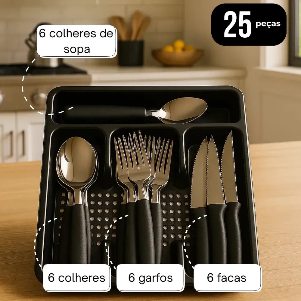 Kit Jogo De Talheres 24 Pçs Colher Faqueiro Garfo Gaveteiro 24 Talheres + Brinde Preto