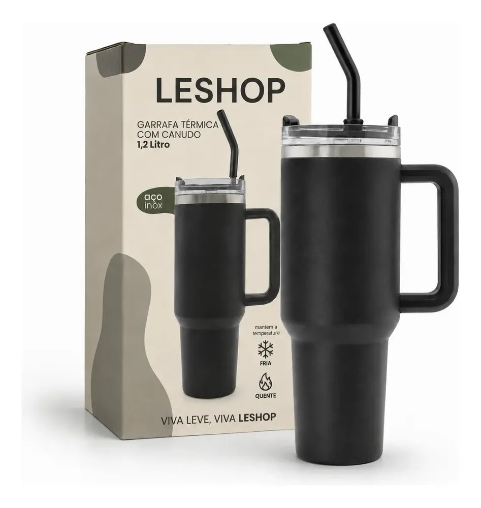 Copo Térmico 1,2l Inoxidável Tampa Canudo Inox Rosa - Leshop Preto Liso