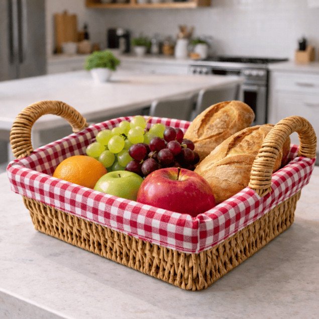 Cesto de Pão Quadrada Forro Tecido Xadrez Preto e Vermelho Cesta Elegante para Mesa Café da Manhã Restaurante Decoração