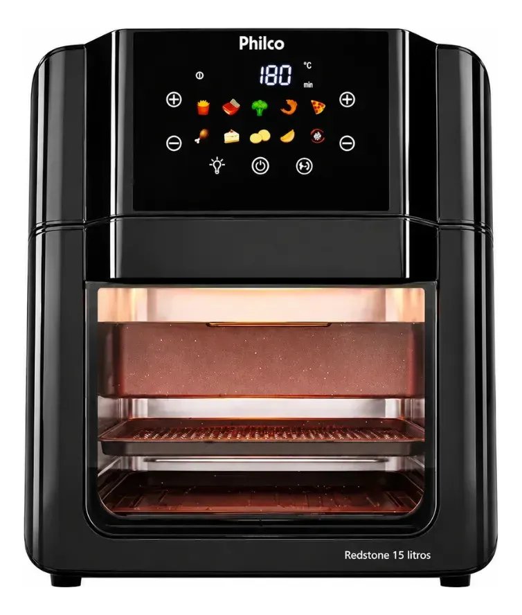 Philco PAF15C Fritadeira Air Fryer Oven 15 Litros Revestimento Redstone Porta Removível Luz Interna 10 Funções Preta