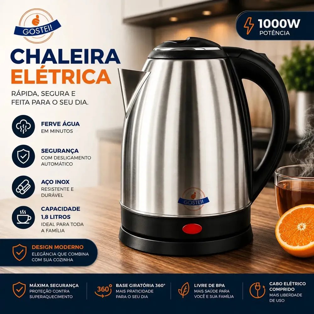 Chaleira Elétrica Gostei! 1,8l 1000w Prata Desligamento Automático