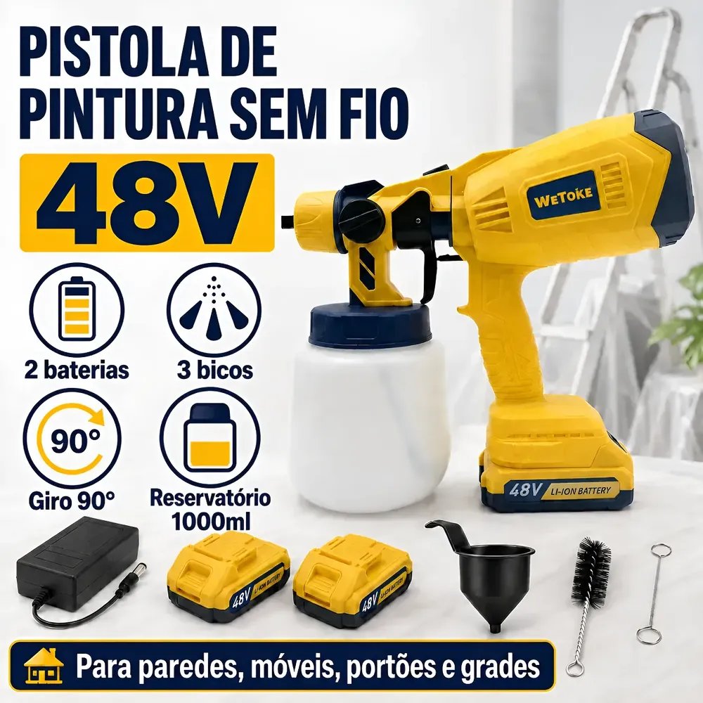 Pistola De Pintura Sem Fio 48v Com 2 Baterias Acessórios Amarelo 48v