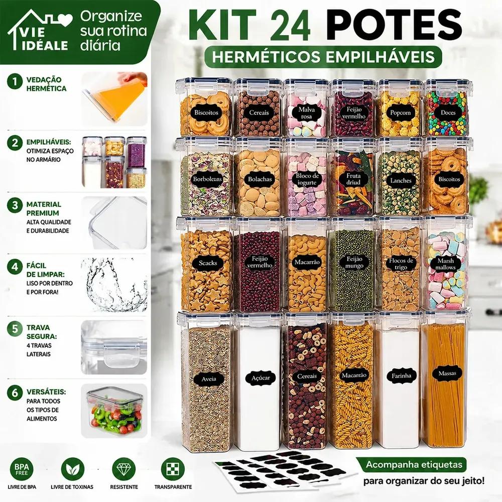 Kit 24 Potes Herméticos Mantimentos Quadrado Cozinha Tampa Transparente