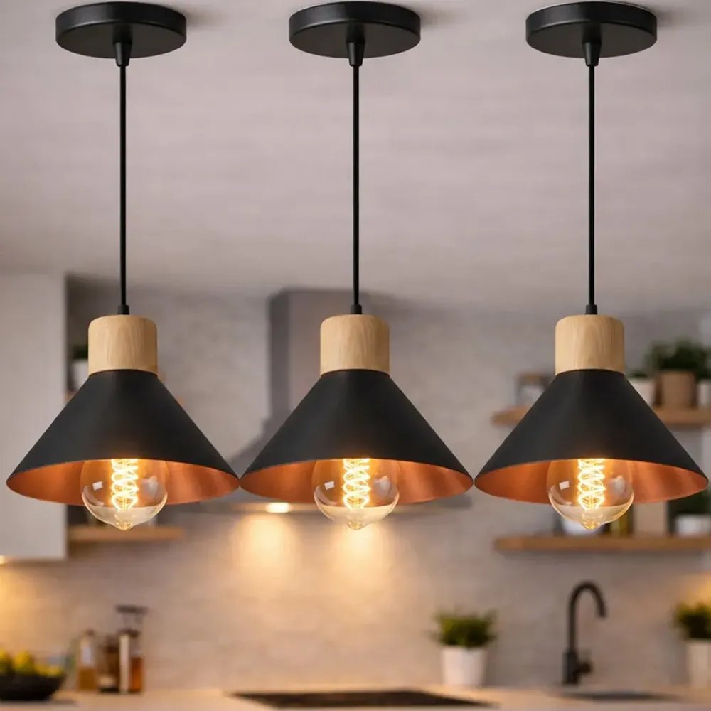 Kit 3 Luminária Pendente De Teto Moderna Para Sala Cozinha Escritório - Cor Preto E Cobre - Bivolt Lustre Moderno