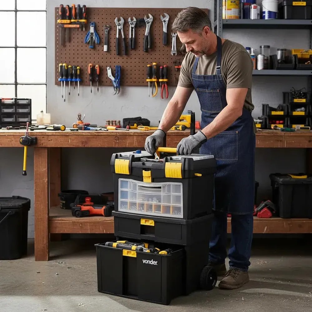 Caixa Plástica Multiuso Com Rodas Vonder Crv 0100 Cor Preto/Amarelo