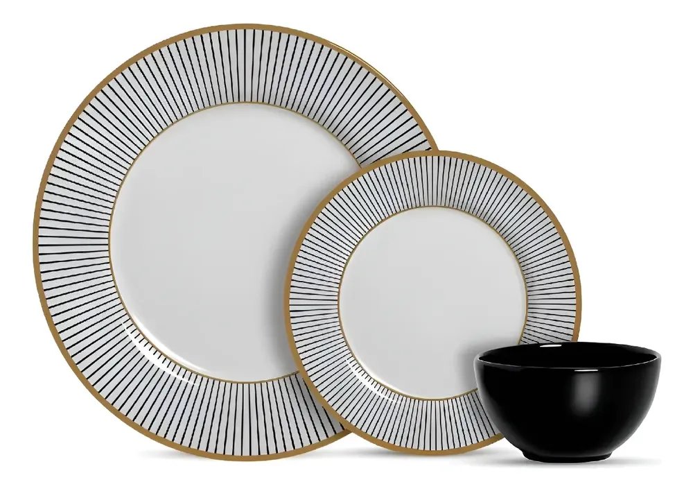 Aparelho De Jantar 12 Pçs Cerâmica Com Bowl Alleanza Ritz Cor Branco E Dourado Decorado