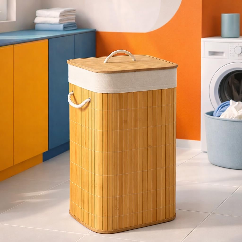 Cesto de Roupas em Bambu 60L com Tampa e Alças, Organizador Lavanderia Dobrável com Revestimento Interno Removível, Design Moderno para Banheiro Quarto Lavanderia Alta Capacidade e Durabilidade Prime