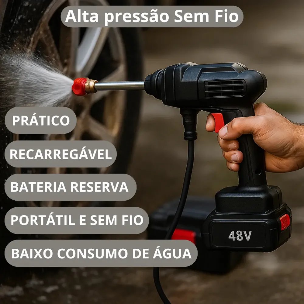 Lavadora Lava Jato Portátil Alta Pressão 2 Baterias Recarregáveis 48v Sem Fio Maleta Preto 50 Hz X 60 Hz