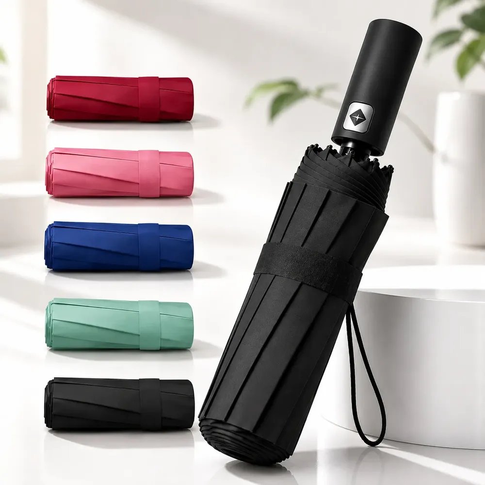 Guarda Chuva Automático Sombrinha Bolsa Proteção Uv Black Preto Liso