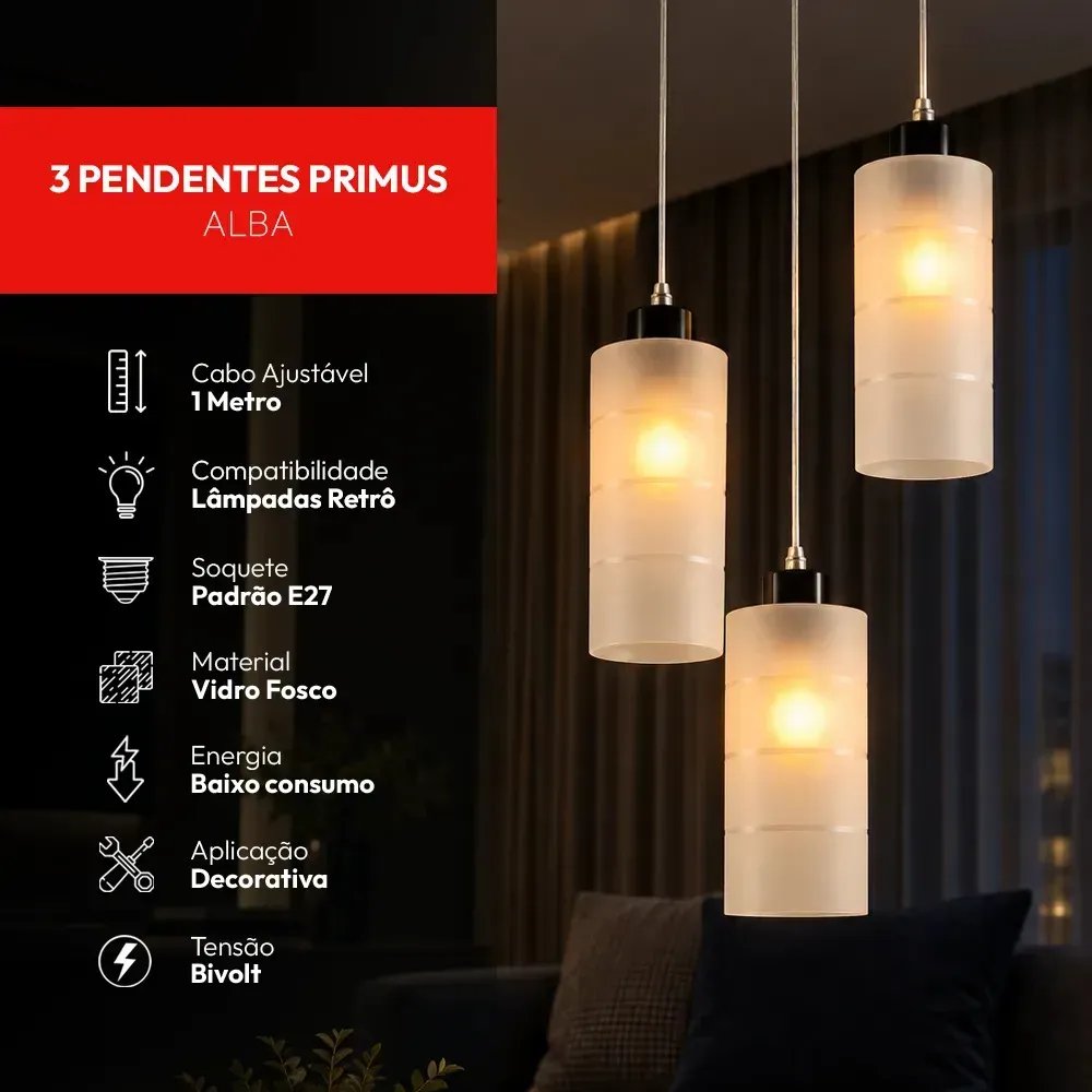 Lustre Luminaria Pendente Primus Smooth Avant 3 Cúpulas Vidro Fosco Moderno Preto 3xE27