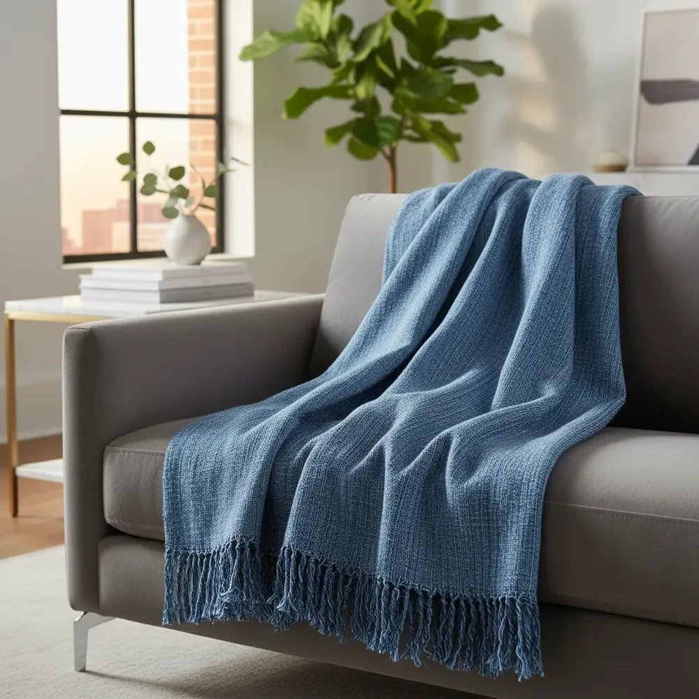 Manta Para Sofá  300 X 180 Super Grande Decorativa Luxuosa Azul Jeans Liso