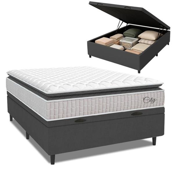 Cama Box Baú Colchão Casal Molas Ensacadas City Pillow Top 138x188x64cm Branco / Cinza Hellen - Suporta até 110kg por Pessoa
