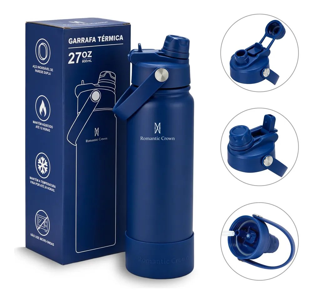 Garrafa Térmica 800ml Inox Bico Duplo Canudo Alça Esporte Azul