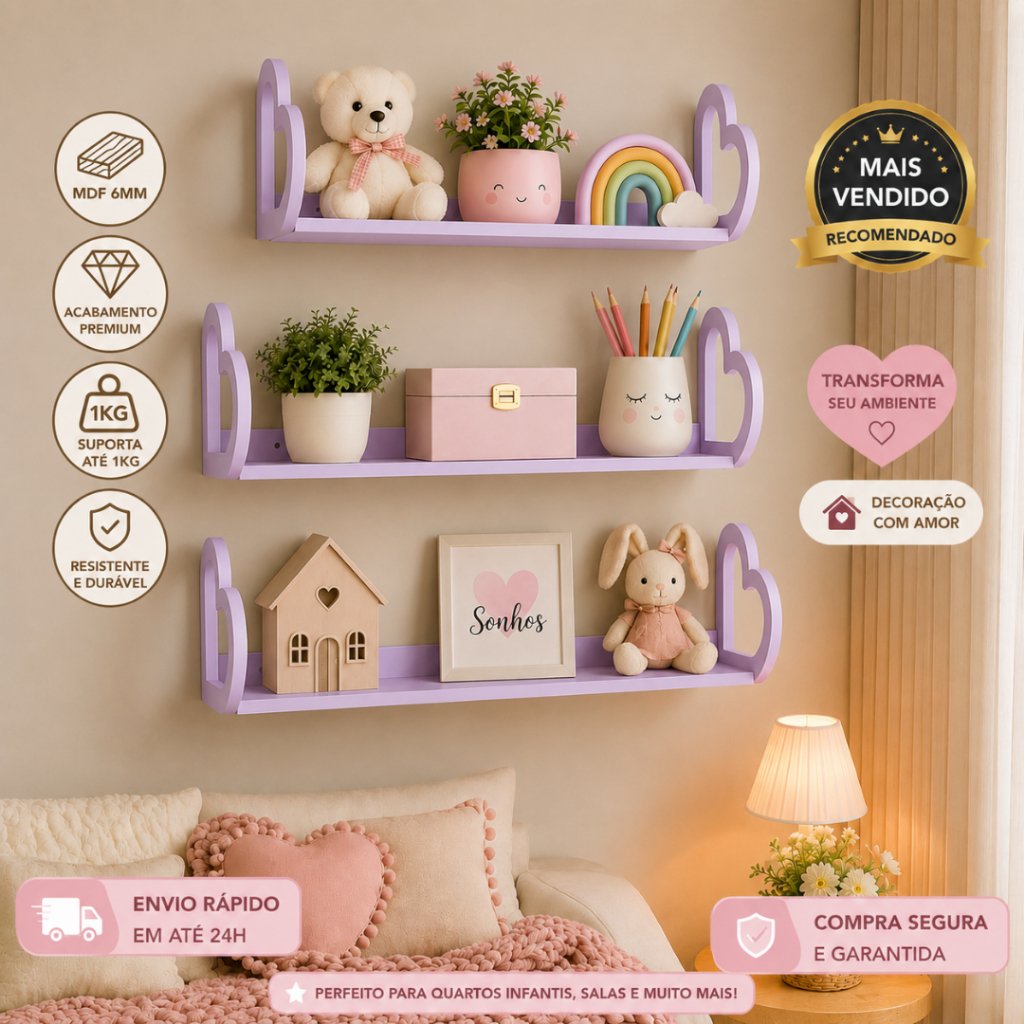 Kit 3 Prateleiras Modelo Amor Corações Decoração Quarto Sala