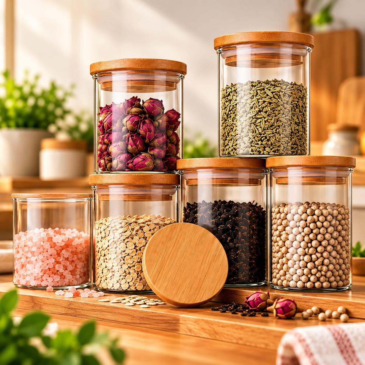 Kit 6 Potes Herméticos de Vidro 200ml com Tampa de Bambu Premium Redondo Porta Mantimentos Temperos Grãos Café Condimentos Organizador de Cozinha Vedação Hermética 6 Unidades Empilhável Moderno Luxo