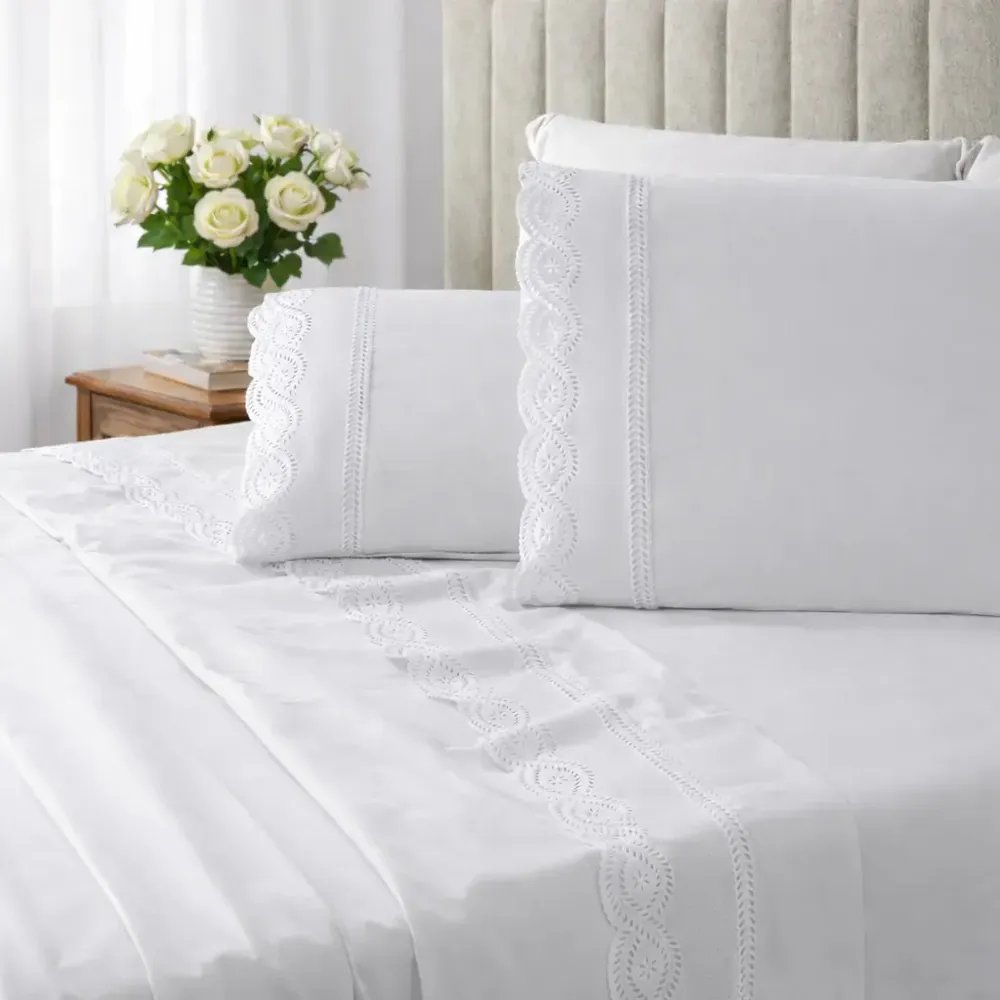 Lençol Casal Bordado 4 Peças Micropercal Acetinado 400 Fios Branco Bordado