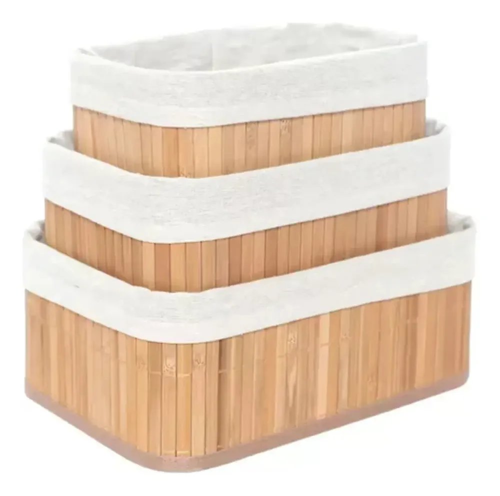 Kit 3 Cestos Organizadores De Bambu Multiuso Com Forro Easy Decor