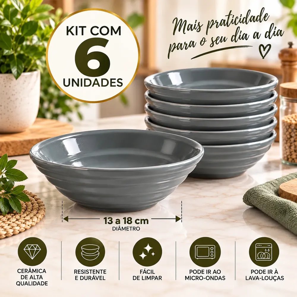 Kit 6 Bowls De Cerâmica Cinza Para Sopa Açaí Cereais Saladas Cinza-escuro