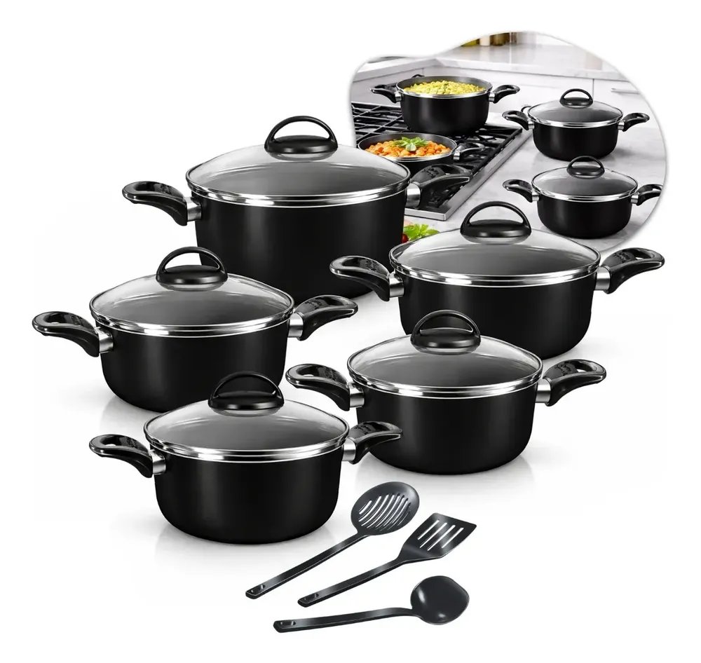 Conjunto De Panelas Caçarolas 5 Peças Antiaderente Com 3 Utensilios E Tampa De Vidro Preto