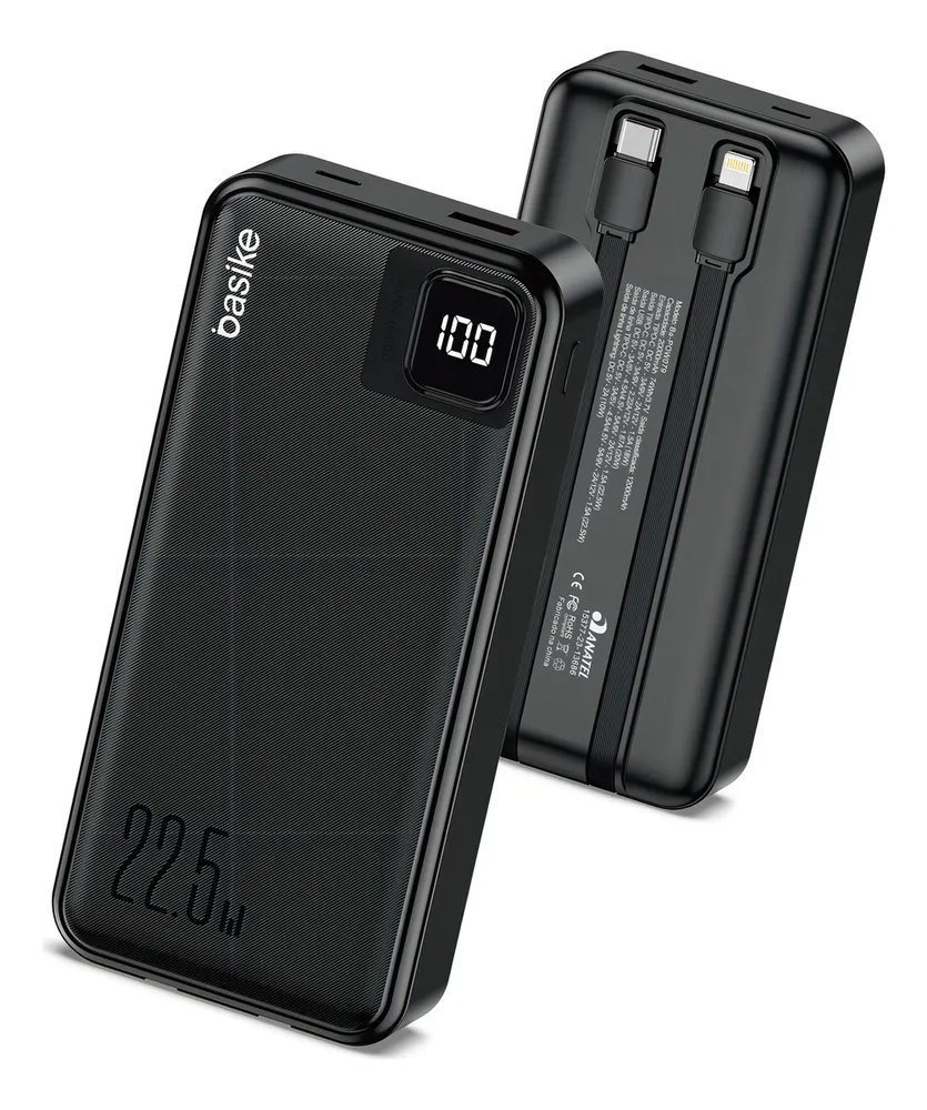 Power Bank Basike 20000mAh Preto, Carga Rápida 22.5W para iPhone e Samsung, Com Cabos Embutidos e Display
