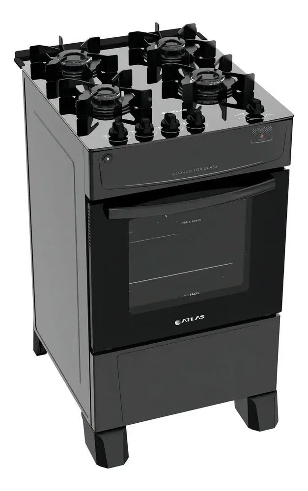 Fogão 4 Bocas Atlas Mônaco Top Glass com Mesa de Vidro e Acendimento Automático Preto Bivolt