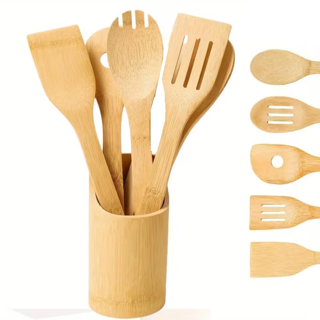 Kit Utensílios de Cozinha Bambu 5 Peça c/Suporte