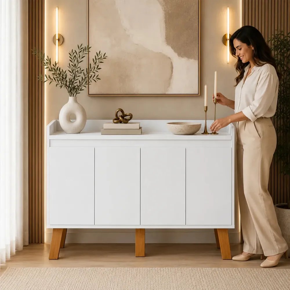 Armário Buffet Aparador Retrô Com 4 Portas De MDF Branco