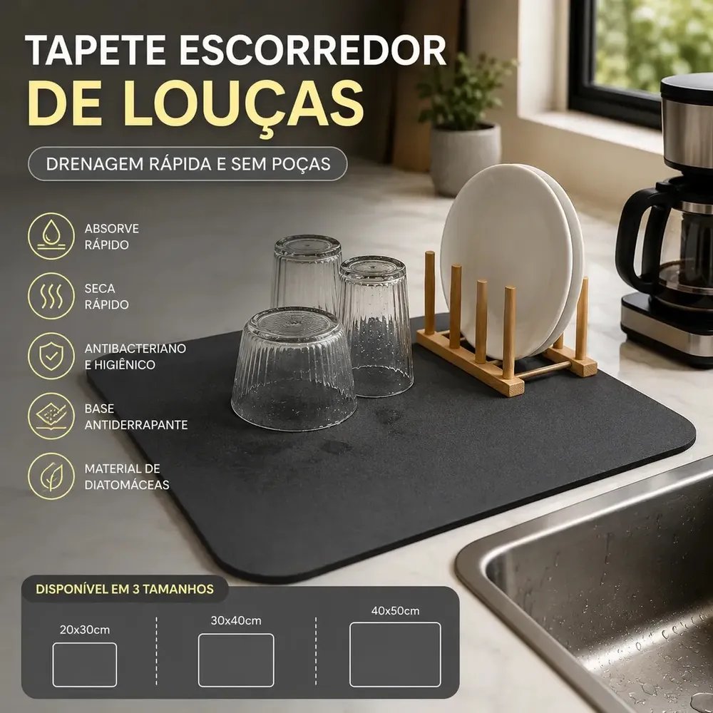 Tapete Escorredor De Louça Drenagem Pratos Copos 20cm X 30cm Cor Preto