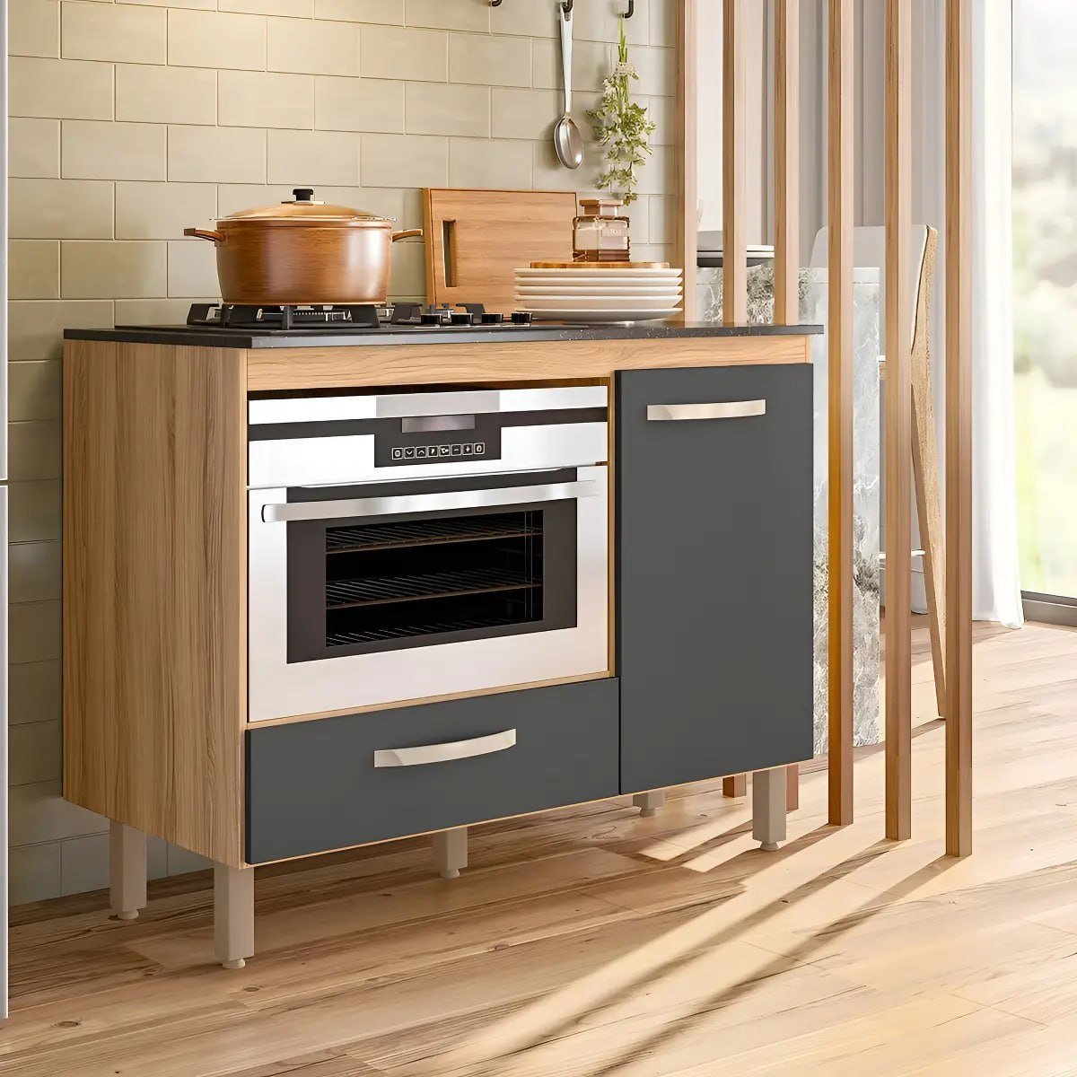 Balcão Para Cooktop 1 Porta 1 Gaveta Fit Carvalho Nature/chumbo