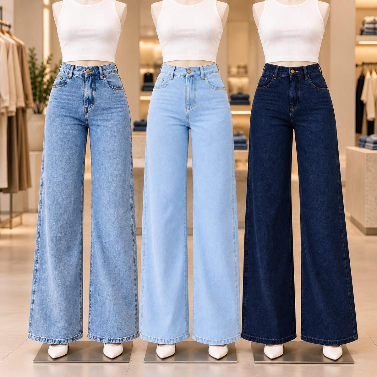 Kit 3 Calças Jeans Pantalona Wide Leg Feminina Cintura Alta