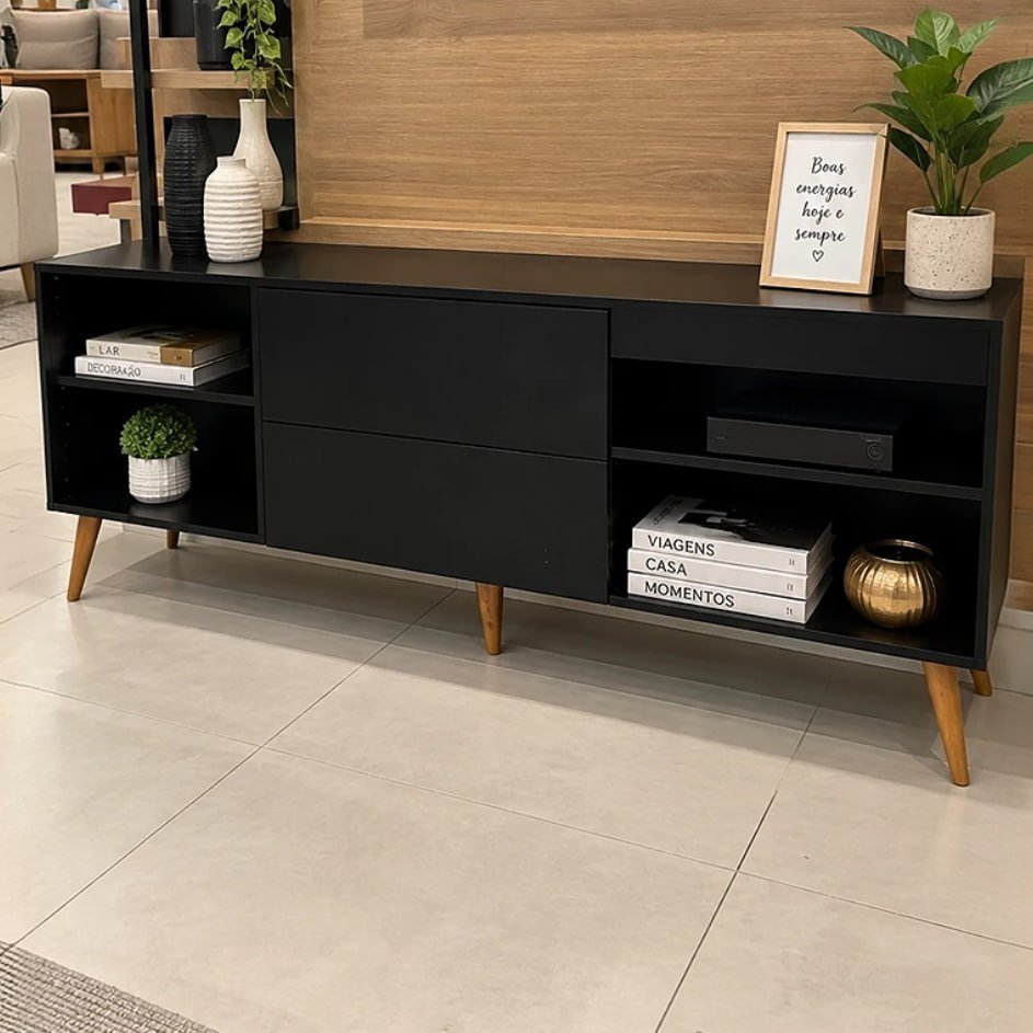 Rack Para Tv Até 55 Polegadas 1 Porta 2 Prateleiras Preto