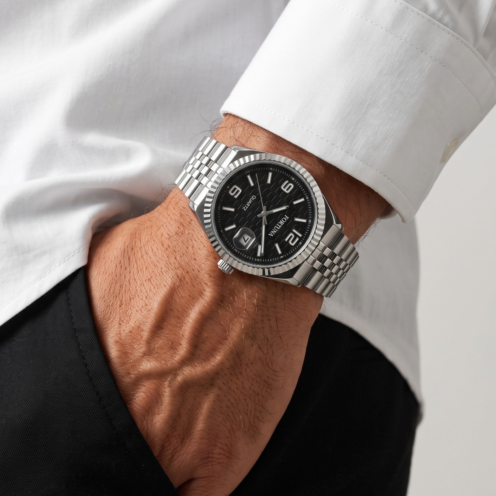 Relógio De Pulso Masculino Fortuna Quartz Minimalista Luxo Prata E Preto