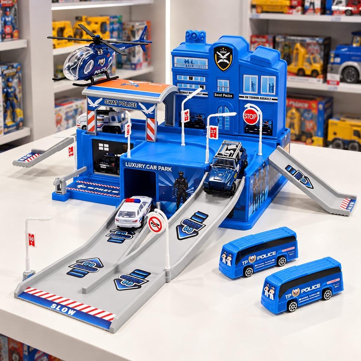 Pista de Carrinhos Maxi Toys Polícia com 5 Veículos e Acessórios 48x36cm