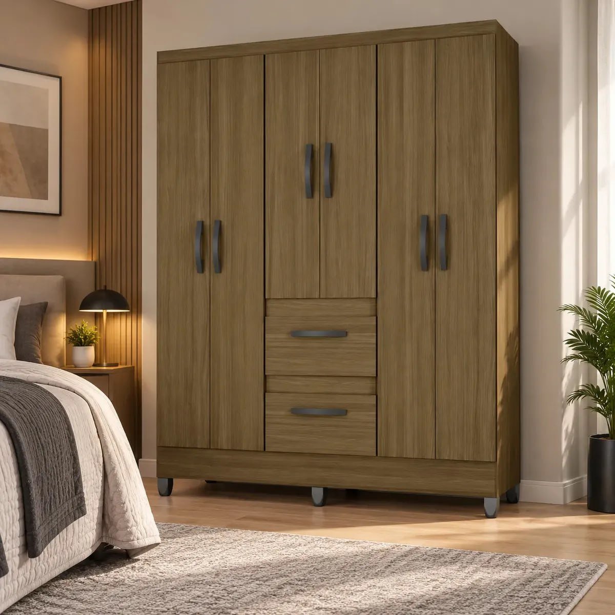 Guarda Roupa Solteiro 6 Portas 2 Gavetas Capri Poquema Cor Castanho