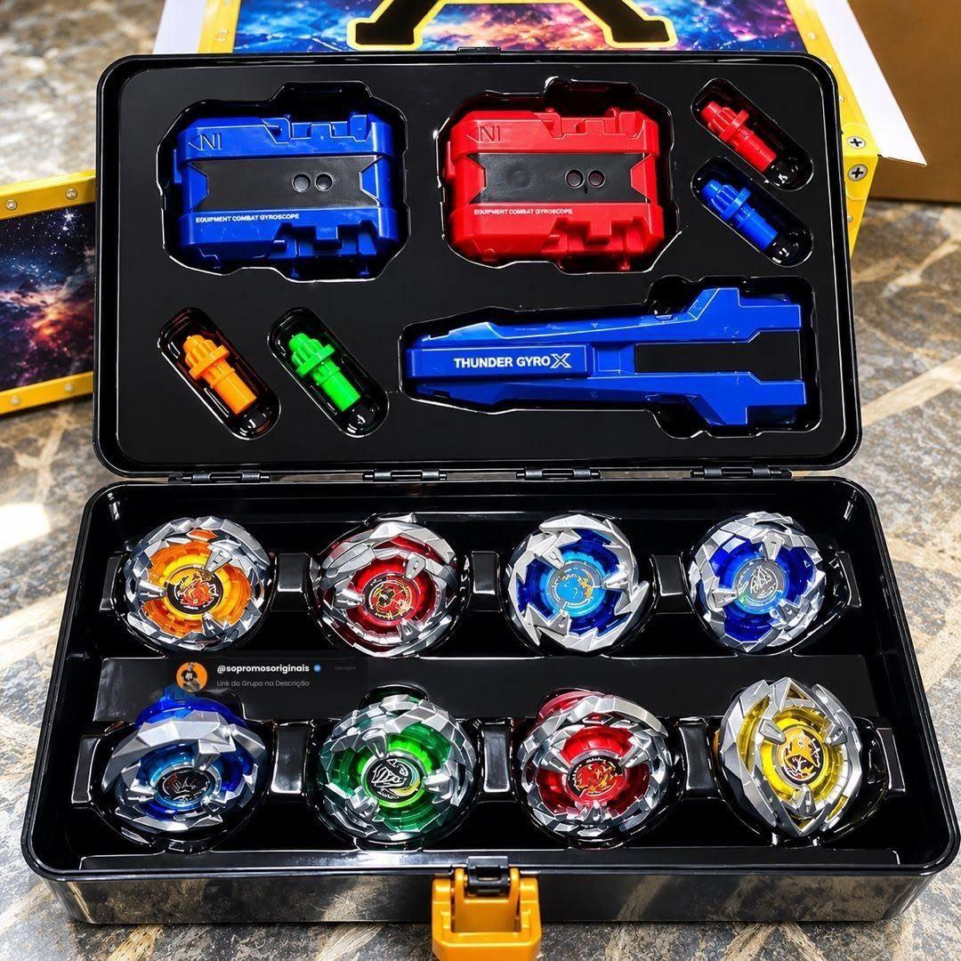 Maleta Kit Completo 8 Pião Blade Thundegyro Batalha Lançador Beiblade