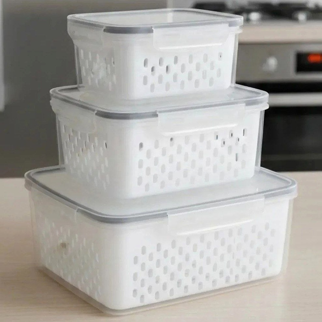 🍱 Kit 3 Potes Herméticos Caixa Organizadora Com Cesto Escorredor